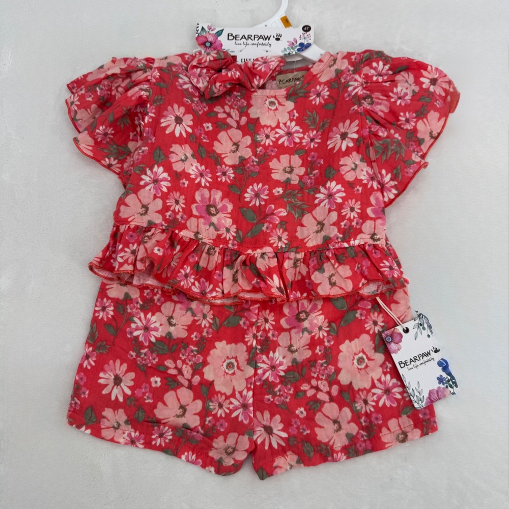NEW Girls Bearpaw Floral Shorts Outfit 3 Piece Set Size 4T Boho Red Cotton Gauze